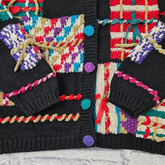 VTG Epoch Knitwear Embellished Cardigan Black Patchwork Button Sweater sz Medium - Picture 5 of 10